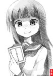  blush book bungaku_shoujo_(danshi_koukousei) copyright_name danshi_koukousei_no_nichijou fang gofu greyscale holding holding_book long_hair monochrome school_uniform serafuku sketch smile solo spot_color traditional_media 