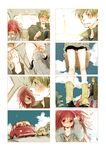  1girl akiko_(camphre) basket blush car comic couple dandruff feeding flaky flippy food green_eyes green_hair ground_vehicle happy_tree_friends height_difference hetero kneepits long_hair messy_hair motor_vehicle personification puffy_shorts red_eyes red_hair short_hair shorts silent_comic 