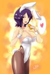  animal_ears breasts bunny_ears bunny_girl bunnysuit butter-t cleavage condom heart highleg large_breasts looking_at_viewer original pantyhose purple_hair solo spoken_heart 