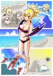  2girls barefoot bat_wings beach bikini blindfold blonde_hair blush breasts bright_pupils cleavage directional_arrow disgaea fang frog hanako_(disgaea) horns innertube kotatsu_seijin makai_senki_disgaea_2 medium_breasts multiple_boys multiple_girls ocean pointy_ears red_hair rozalin sand_castle sand_sculpture smile swimsuit taro_(disgaea) tink_(disgaea) water wings 