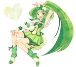  arm_up big_hair bike_shorts bow bowtie choker circlet cure_march eyelashes full_body green green_choker green_eyes green_hair green_neckwear green_shorts green_skirt long_hair magical_girl midorikawa_nao oota ponytail precure ribbon shoes shorts shorts_under_skirt skirt smile smile_precure! solo tri_tails white_background wrist_cuffs 