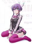  aqua_eyes aquarion_(series) aquarion_evol between_legs boots hair_bun hair_ornament hair_ribbon mikono_suzushiro pink_ribbon purple_eyes purple_footwear purple_hair purple_legwear ribbon sitting skirt solo thigh_boots thighhighs v-mag wariza 