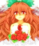  bare_shoulders blush bouquet bow bride dress flower hair_bow highres long_hair open_mouth red_eyes red_hair reiuji_utsuho smile solo third_eye touhou upper_body wedding_dress wings zamudelin 