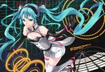  aqua_eyes aqua_hair bare_shoulders black_gloves cleavage_cutout copyright_name elbow_gloves english flat_chest gloves hatsune_miku headphones long_hair looking_at_viewer mille_(dieci) nijigen_dream_fever_(vocaloid) number project_diva_(series) project_diva_f_2nd shirt shoes skirt smile solo thigh_strap thighhighs twintails very_long_hair vocaloid white_legwear 