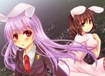  amagumo animal_ears blush breasts brown_hair bunny_ears crescent dress inaba_tewi long_hair looking_back medium_breasts multiple_girls necktie open_mouth purple_hair red_eyes red_neckwear reisen_udongein_inaba short_hair skirt smile star tail touhou 