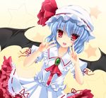 :d bat_wings blue_hair blush collarbone double_v dress dutch_angle fujieda_uzuki hat looking_at_viewer open_mouth red_eyes remilia_scarlet ribbon short_hair smile solo star touhou v wings 