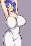  1girl armpits arms_up bare_shoulders blue_hair breasts chie_rumiko curvy dress female higurashi_no_naku_koro_ni huge_breasts large_breasts musuka_(muska) short_hair simple_background smile solo standing sundress 