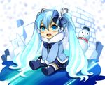  blue_eyes blue_hair boots bow eiji_(eiji) hair_bow hatsune_miku long_hair mittens open_mouth sitting skirt smile snowman solo twintails vocaloid yuki_miku 
