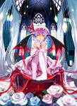  alternate_costume bat_wings blue_hair coffin dress elbow_gloves feet finger_to_mouth flower foreshortening gloves hakoiri_nekohime hands hat looking_at_viewer red_eyes remilia_scarlet rose short_hair sitting solo thighhighs touhou transparent_wings white_gloves white_legwear wings 