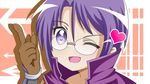  :d :o akechi_mitsuhide_(sengoku_otome) bad_id bad_pixiv_id brown_gloves directional_arrow face fuzuki_hikage glasses gloves heart one_eye_closed open_mouth parody portrait purple_eyes purple_hair sengoku_otome short_hair smile solo yuru_yuri yuru_yuri's_starting 