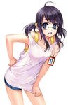  antenna_hair black_hair blue_eyes collarbone glasses hand_on_hip id_card leaning_forward lono off_shoulder open_mouth original purple_hair shirt_tug short_twintails shorts simple_background solo tank_top twintails 
