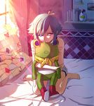  aquarion_(series) aquarion_evol barefoot bed cleavage_cutout curtains doll_hug feet green_hair hair_ribbon highres hug indoors on_bed purple_eyes ribbon short_hair short_shorts shorts sitting solo stuffed_animal stuffed_frog stuffed_toy sunlight tera_l wariza window zessica_wong 