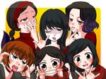  akago_(muhyun) black_hair carmen_(the_path) choker covering_mouth fingersmile ginger_(the_path) grey_eyes long_hair multiple_girls one_eye_closed open_mouth orange_hair pose robin_(the_path) rose_(the_path) ruby_(the_path) scarlet_(the_path) short_hair siblings sisters smile sweatdrop the_path tongue tongue_out 