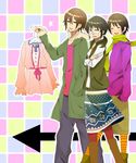  2boys bad_id bad_pixiv_id brown_hair casual closed_eyes crossed_arms danshi_koukousei_no_nichijou glasses green_scarf hair_ornament momokasa multiple_boys nago-san_(danshi_koukousei) orange_legwear pantyhose red_legwear scarf short_hair smile striped striped_legwear tadakuni yasunori_(danshi_koukousei) 