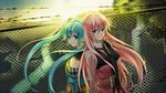  akatsuki_arrival_(vocaloid) aqua_eyes aqua_hair back-to-back barbed_wire belt chain-link_fence fence hatsune_miku long_hair looking_at_viewer megurine_luka multiple_girls necktie pink_hair shirt smile striped striped_shirt teito twintails vertical-striped_shirt vertical_stripes vest vocaloid wind 