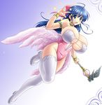  angel_leotard blue_eyes blue_hair bow bracelet breasts cleavage dragon_quest dragon_quest_v earrings flora half_updo huge_breasts jewelry legs leotard long_hair nakajima_akihiko non-web_source pink_bow pink_leotard ribbon simple_background smile solo thighhighs wand wings 