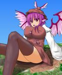  absurdres bad_id bad_pixiv_id black_legwear breasts city dautsen day giantess hat head_wings highres large_breasts mystia_lorelei open_mouth purple_eyes sitting sky solo thighhighs touhou wings 
