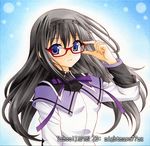  adjusting_eyewear akemi_homura black_hair blue_background glasses long_hair mahou_shoujo_madoka_magica marker_(medium) nightmare77zx purple_eyes red-framed_eyewear solo spoilers traditional_media 