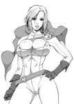  areola_slip areolae belt breasts cape cleavage cleavage_cutout covered_nipples dc_comics gloves greyscale hand_on_hip ikumo_taisuke large_breasts leotard lips loose_belt monochrome power_girl short_hair solo thighs 