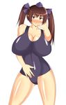  1girl breasts brown_eyes brown_hair female hat himekaidou_hatate huge_breasts musuka_(muska) one-piece_swimsuit pointy_ears simple_background solo standing swimsuit thighs tokin_hat touhou twintails white_background 