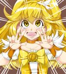  ahegao blonde_hair bow brown_background choker cure_peace double_v dress drooling emphasis_lines eyelashes hair_flaps heart kise_yayoi long_hair magical_girl open_mouth orange_choker precure sakula smile_precure! solo tears v wavy_mouth wide_ponytail wrist_cuffs yellow yellow_bow yellow_eyes 