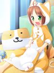  animal_costume animal_ears brown_hair dog dog_costume dog_ears dog_tail fang green_eyes highres inuarashi meiko_(inuarashi) original pillow sitting smile tail 