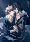  2boys anhellica bed black_hair bleach blue_eyes brown_eyes cloak holding kurosaki_ichigo multiple_boys orange_hair pixiv_thumbnail resized tensa_zangetsu yaoi 