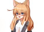  1girl :d ahoge animal_ears bangs blue_eyes breasts cat_ears commentary_request dokomon dress eyebrows_visible_through_hair fang g41_(girls_frontline) girls_frontline hair_between_eyes hair_ornament highres korean_commentary light_brown_hair long_hair looking_at_viewer open_mouth simple_background small_breasts smile solo upper_body very_long_hair white_background white_dress 