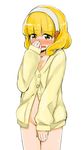  bad_id bad_pixiv_id blonde_hair blush bottomless cardigan covering covering_crotch groin hairband kise_yayoi mitsuya_(okiagari) naked_cardigan no_panties open_mouth precure smile_precure! solo tears wavy_mouth white_background white_hairband yellow_eyes 