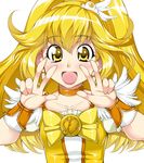  :d blonde_hair bow choker cure_peace double_v dress eyelashes hair_flaps heart kise_yayoi long_hair magical_girl open_mouth orange_choker precure sakula smile smile_precure! solo v white_background wide_ponytail wrist_cuffs yellow yellow_bow yellow_eyes 