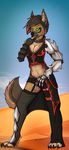  anthro breasts canine cleavage clothed clothing collar crimson desert dog eat_ring female german_shepherd green_eyes gsd hybrid jackal mammal pinup pose solo suggestive teasing villdyr 