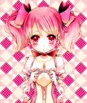  argyle argyle_background bad_id bad_pixiv_id bow breasts checkered checkered_background choker gloves hair_bow kaname_madoka magical_girl mahou_shoujo_madoka_magica patatata pink pink_background pink_bow pink_eyes pink_hair puffy_sleeves short_hair short_twintails small_breasts solo twintails underboob undressing white_gloves 