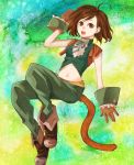  1girl breasts brown_eyes brown_hair commentary_request cosplay denim final_fantasy final_fantasy_ix garnet_til_alexandros_xvii gloves highres midriff navel short_hair solo tail zidane_tribal zidane_tribal_(cosplay) 