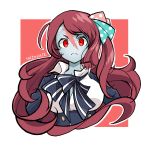  1girl absurdres ahoge bow breasts forehead_scar frown hair_bow hair_ornament highres large_breasts long_hair minamoto_sakura polka_dot polka_dot_bow red_eyes red_hair saltnvalk school_uniform side_ponytail signature solo underbust zombie zombie_land_saga 