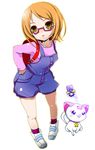  backpack bag brown_eyes brown_hair cat dodory fairy_tone full_body glasses hummy_(suite_precure) nephilimax overalls pink-framed_eyewear precure randoseru shirabe_ako shirt shoes short_hair shorts suite_precure white_background 