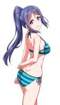  1girl arm_behind_back bangs bare_arms bare_legs bikini blue_hair blush breasts clenched_hands eyebrows_visible_through_hair high_ponytail long_hair looking_at_viewer looking_back love_live! love_live!_sunshine!! matsuura_kanan medium_breasts purple_eyes sidelocks simple_background smile solo solo_focus string_bikini striped striped_bikini swimsuit white_background yopparai_oni 