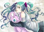  asanome bandages detached_sleeves eyepatch green_eyes green_hair hatsune_miku long_hair solo stuffed_animal stuffed_toy teeth tsumi_to_batsu_(vocaloid) twintails vocaloid 