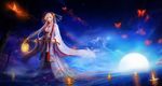  afloat_lantern bug butterfly candle chinese_clothes cloud elf fire full_moon hanfu insect lantern long_hair moon original pcw pointy_ears ripples sky solo star_(sky) starry_sky tree water white_hair 