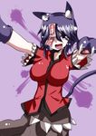  :d animal_ears breasts cat_ears cat_tail jiangshi kemonomimi_mode large_breasts miyako_yoshika no_hat no_headwear ofuda open_mouth outstretched_arms purple_eyes purple_hair short_hair skirt smile solo tail takorice touhou 