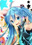  aqua_eyes aqua_hair bad_id bad_pixiv_id hanagerian hatsune_miku headset highres long_hair musical_note necktie open_mouth solo star twintails v vocaloid 