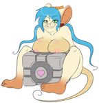  &hearts; anthro bandanna big_breasts blue_hair blush breast_squish breasts cube cude eyewear female freckles glasses green_eyes hair jasmine_(skidd) looking_at_viewer mammal nipples portal_(series) protal_2 rat rodent skidd valve weighted_companion_cube 