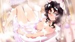  amagami barefoot bath bathtub black_eyes black_hair blush breasts bubble cleavage feet highres koume_keito looking_at_viewer looking_back lying medium_breasts nude on_back one_eye_closed pink_towel short_hair smile solo tanamachi_kaoru towel water wavy_hair wet 