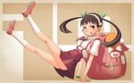  ;p backpack bag bakemonogatari black_hair chihaya_72 hachikuji_mayoi highres legs long_hair monogatari_(series) nisemonogatari one_eye_closed red_eyes tongue tongue_out twintails 