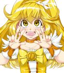  ahegao blonde_hair bow choker cure_peace double_v dress drooling eyelashes hair_flaps heart kise_yayoi long_hair magical_girl open_mouth orange_choker precure sakula smile_precure! solo tears v wavy_mouth white_background wide_ponytail wrist_cuffs yellow yellow_bow yellow_eyes 
