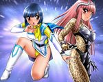  animal_print blue_hair blush boots brown_eyes choushinsei_flashman cosplay leopard_print ley_nefel ley_nefel_(cosplay) long_hair multiple_girls open_mouth original pink_hair sara_(flashman) sara_(flashman)_(cosplay) shingyouji_tatsuya short_hair 