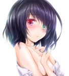  another bare_shoulders black_hair blush collarbone covering covering_breasts face green_eyes heterochromia looking_at_viewer misaki_mei no_bra no_eyepatch off_shoulder red_eyes short_hair simple_background solo upper_body white_background wingheart 