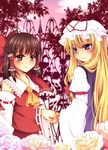  amagumo ascot blonde_hair blush bow brown_hair detached_sleeves dress flower hair_bow hair_tubes hakurei_reimu hat long_hair multiple_girls purple_eyes ribbon short_hair skirt smile touhou yakumo_yukari 