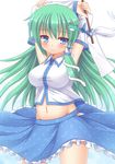  armpits arms_up blue_eyes blush detached_sleeves frog_hair_ornament gohei green_hair hair_ornament kochiya_sanae long_hair midriff navel no_panties shirt side_slit skirt smile snake solo touhou yuu_(yu0221f) 