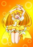  arms_up bad_id bad_pixiv_id bike_shorts blonde_hair blush boots bow bowtie brown_choker bubble choker cure_peace double_v full_body hair_flaps hifumi_(vivian) jumping kise_yayoi long_hair magical_girl orange_shorts precure ribbon shorts shorts_under_skirt skirt smile smile_precure! solo v wide_ponytail wrist_cuffs yellow yellow_background yellow_bow yellow_eyes yellow_skirt 