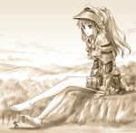  1girl armor bare_legs barefoot copyright_request eichikei_(hakuto) feet giantess knight legs monochrome shield sword weapon 